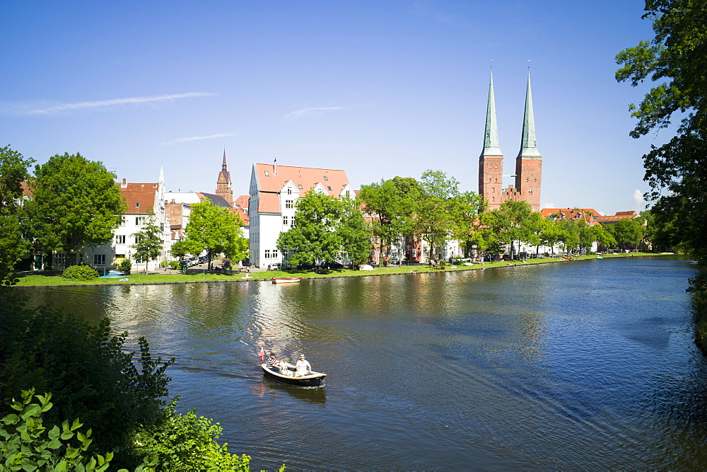 View over river Trave to Lubeck Cathedral, Lubeck, Schleswig-Holstein, Germany