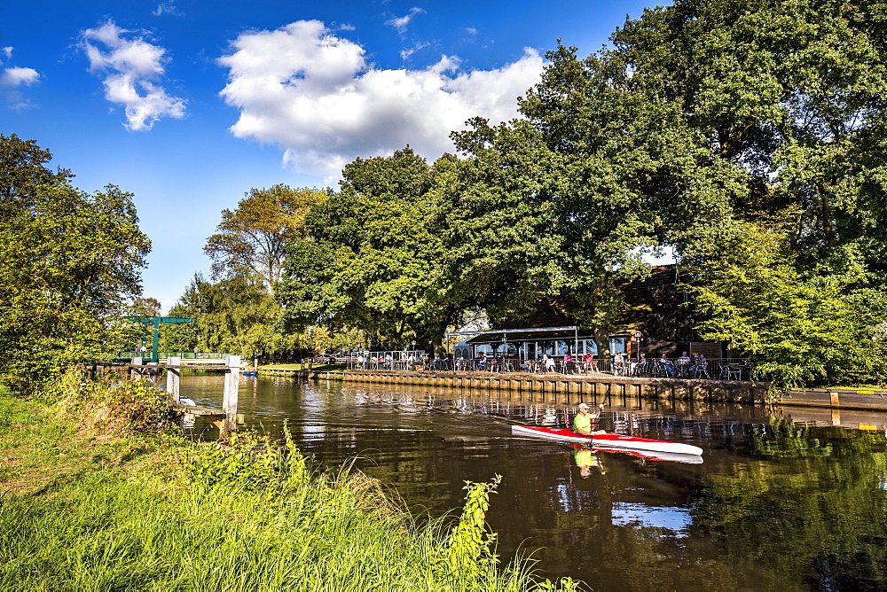 Restaurant Neu Helgoland along the river Hamme, Worpswede, Teufelsmoor, Lower Saxony, Germany