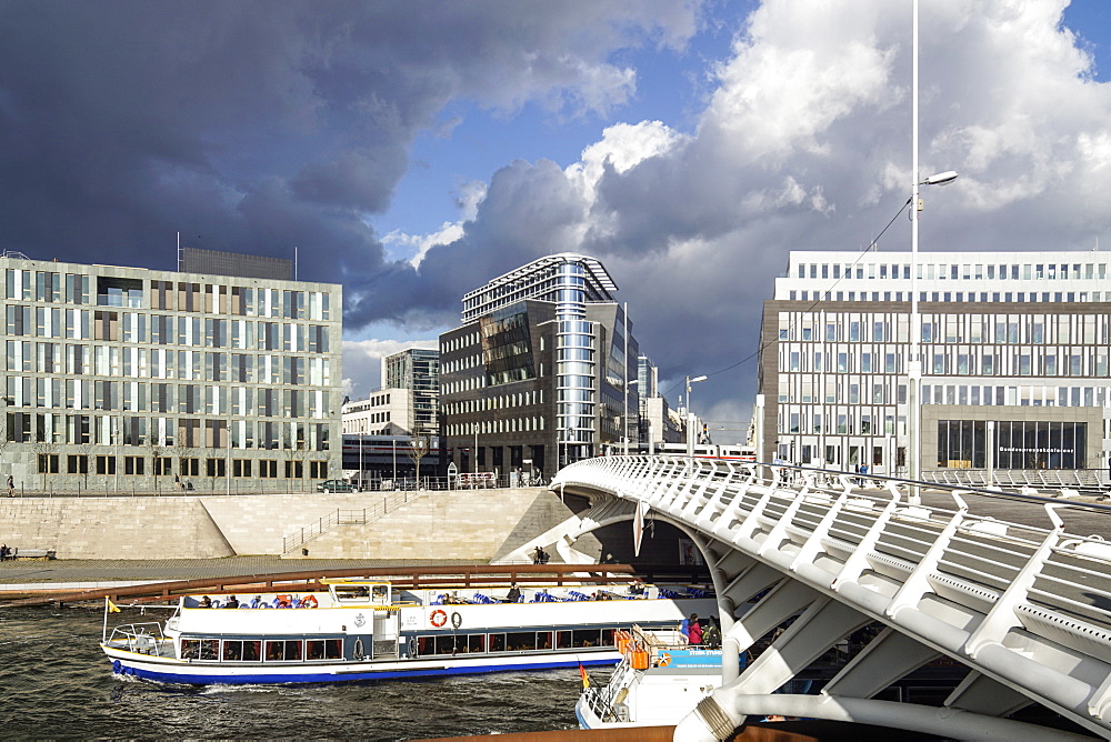 Tour Boat along the river Spres, Kronprinzen bridge and modern architecture, Santiago Calatrava, Berlin, Germany