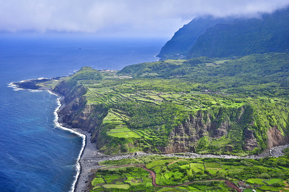 Steep coast with cliffs, terraces and mountains between Faja Grande and Fajazinha, Island of Flores, Azores, Portugal, Europe, Atlantic Ocean