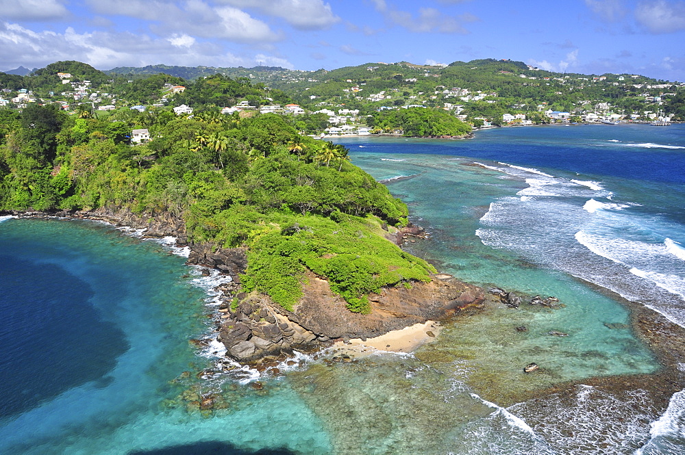 view to beach, reef, rocks and Kingstown, sea, Young Island, St. Vincent, Saint Vincent and the Grenadines, Lesser Antilles, West Indies, Windward Islands, Antilles, Caribbean, Central America