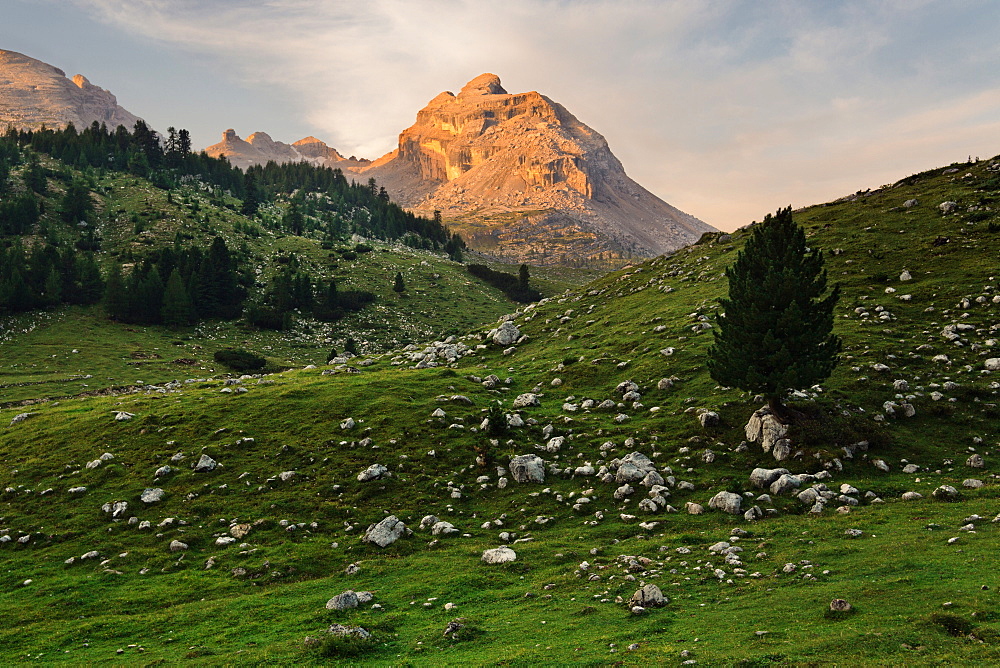 Forca Rossa mountain, reflecting the first light of the day, In the center of the Fanes Group mountain range, Dolomites, Unesco world heritage, Italy