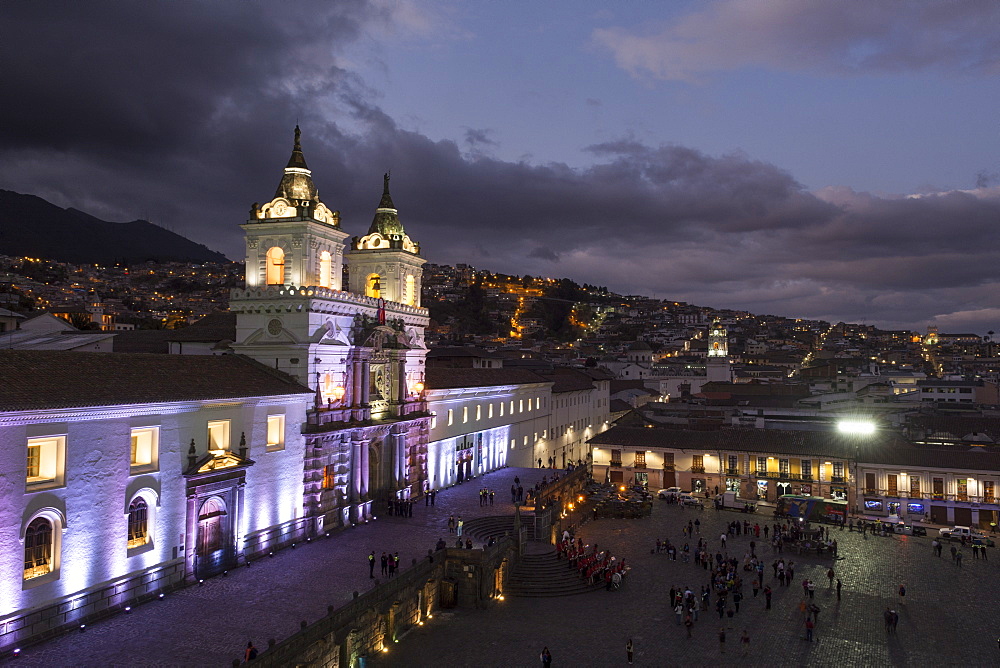 Church and Monastery of St. Francis at night, brightly illuminated, Iglesia y Convento de San Francisco, Quito, Ecuador