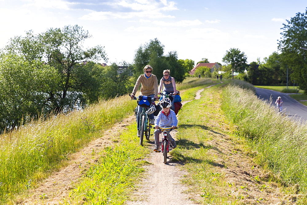 Family bicycle tour along the river Elbe, adventure, from Torgau to Riesa, Saxony, Germany, Europe