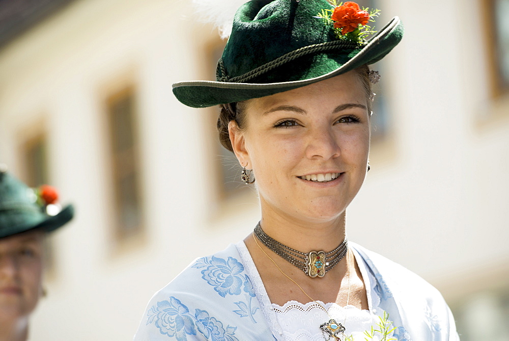 Woman wearing traditional clothes, traditional procession, Garmisch-Partenkirchen, Bavaria, Germany