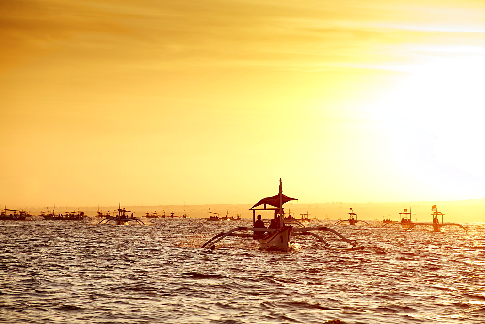 Excursion boats, dolphin watching in the morning, Lovina, Bali, Indonesia