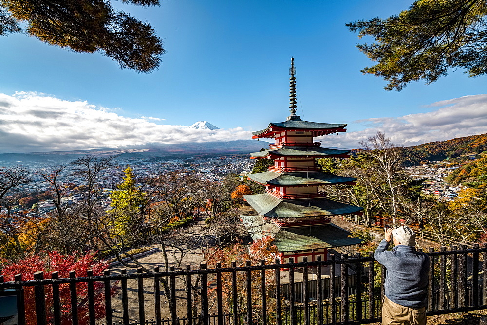 Mt. Fuji and Chureito Pagoda photographed by old men, Fujiyoshida, Yamanashi Prefecture, Japan