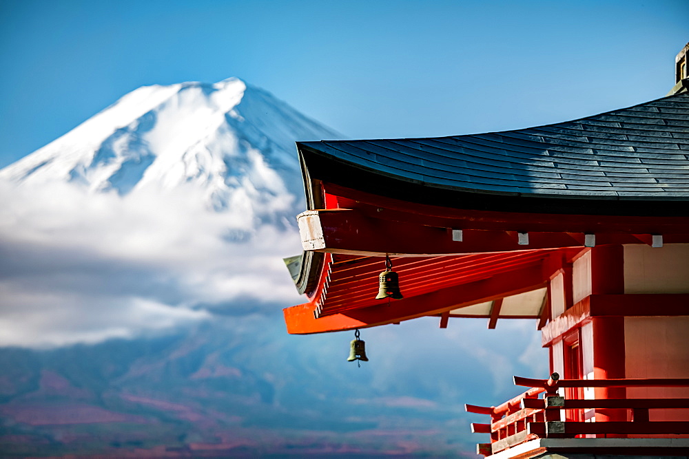 Close-up of Chureito Pagoda with Mt. Fuji out of focus in background, Fujiyoshida, Yamanashi Prefecture, Japan