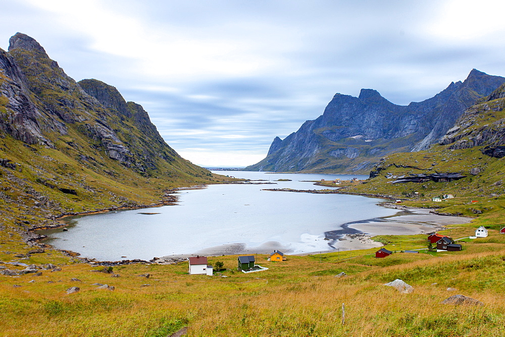 Bunes, Fjord, Houses, Mountains, Vinstad, Moskenesoya, Lofoten, North, Norway, Europe