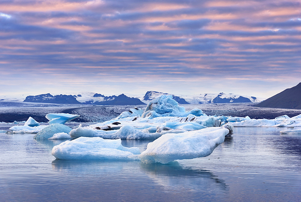 Sunset, Icebergs, Reflection, Glacier, Bay, Mountains, Iceland, Europe