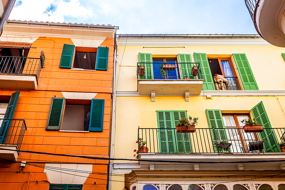 Early XX century buildings with teddybear near la Rambla, historic city centre, Ciutat Antiga, Palma de Mallorca, Majorca, Balearic Islands, Mediterranean Sea, Spain, Europe