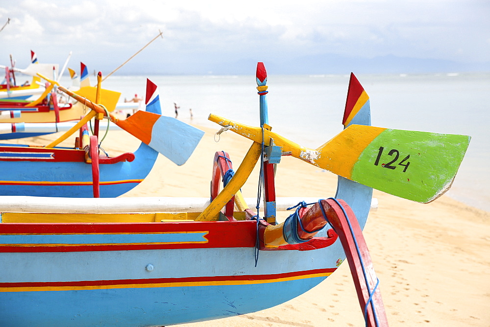 Colorful traditional fishing boats at beach, Sanur, Denpasar, Bali, Indonesia