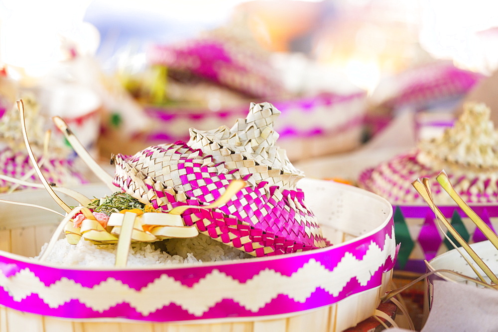 Baskets with offerings, Odalan temple festival, Sidemen, Karangasem, Bali, Indonesia