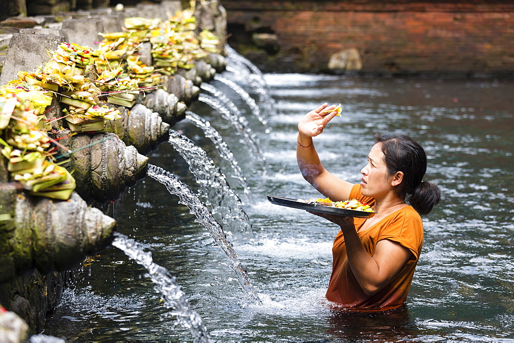 Balinese woman giving offering, spring sanctuary Pura Tirta Empul, Tampaksiring, Bali, Indonesia