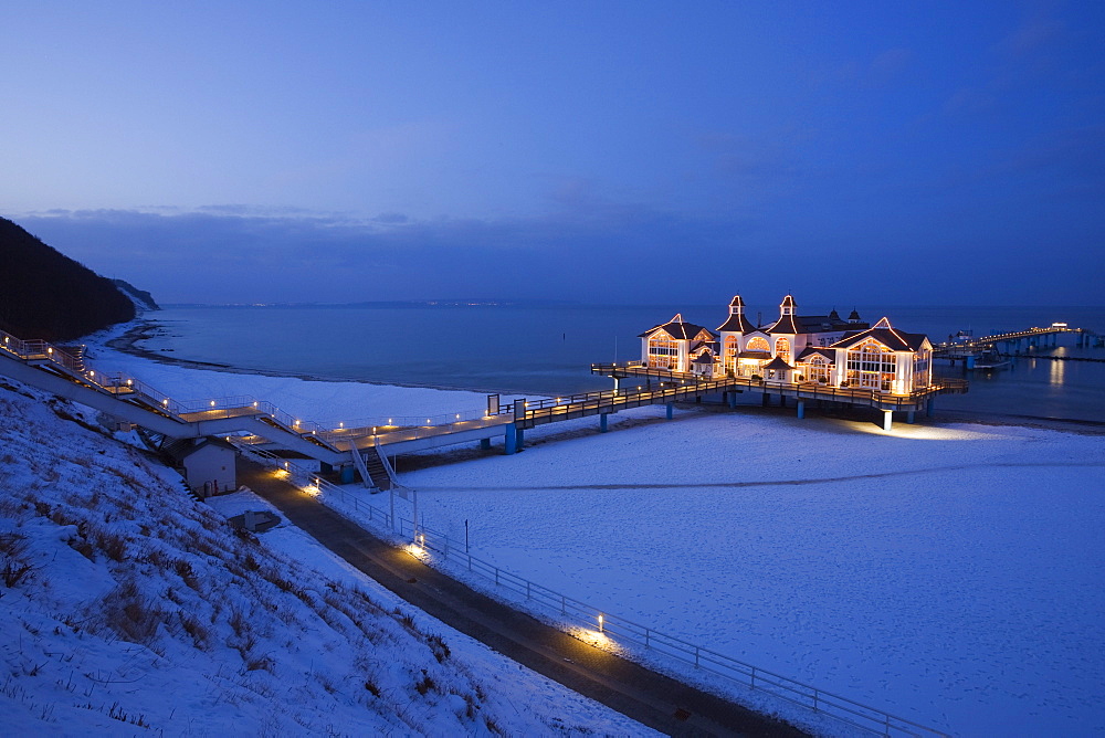 Illuminated pier, Sellin, Rugen Island, Mecklenburg-Western Pomerania, Germany