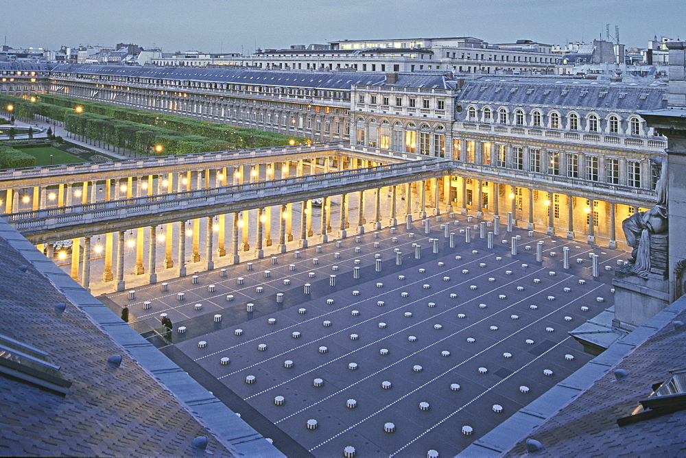 Palais Royal, Council of State, Directorate of Fine Arts, courtyard columns by Daniel Buren, 1e Arrondissement, Paris, France