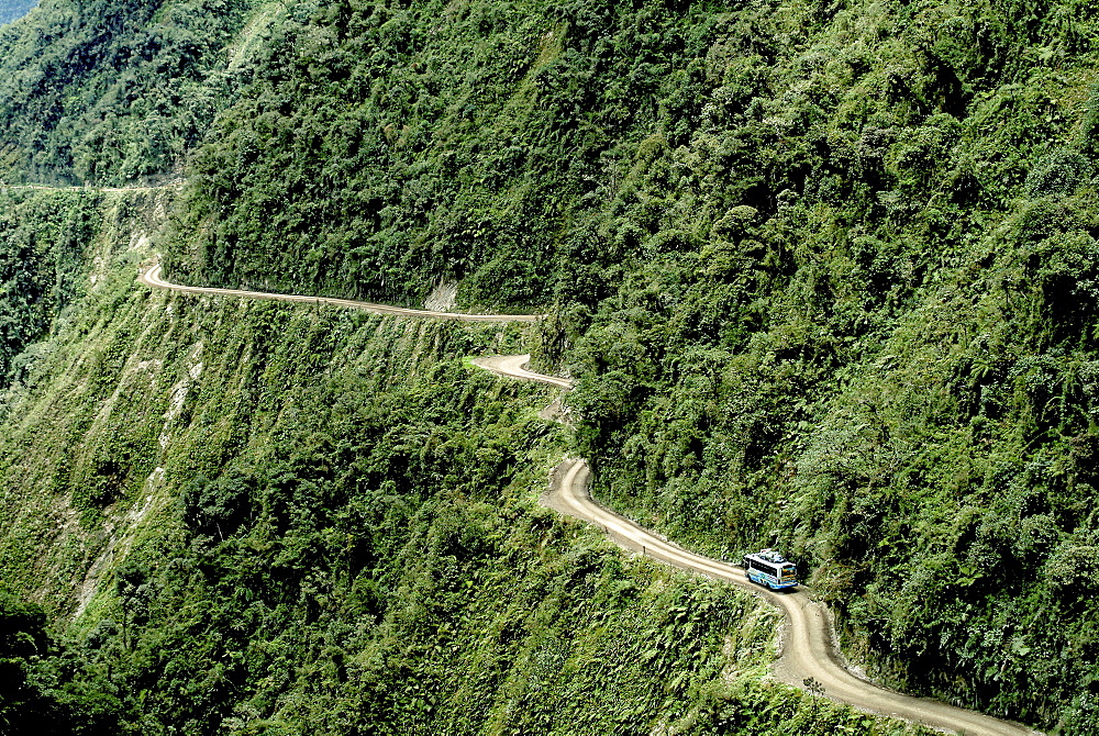 The Yungas Road, Road of Death, Road down to The Yungas, lowlands of the Beni region, Bolivia, South America