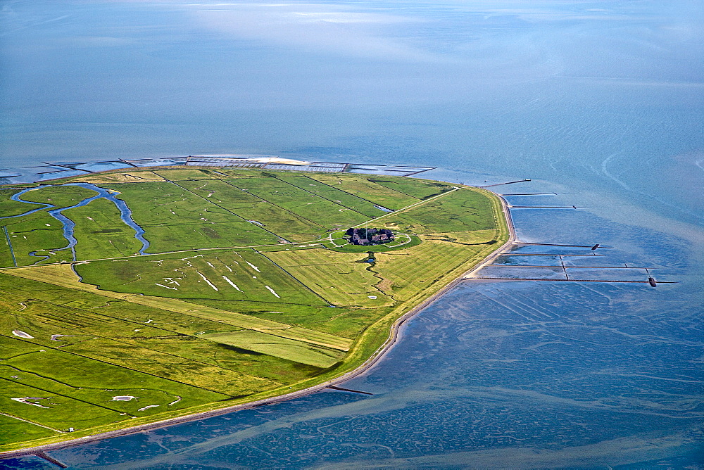 Aerial shot of Hallig Hooge, Schleswig-Holstein, Germany