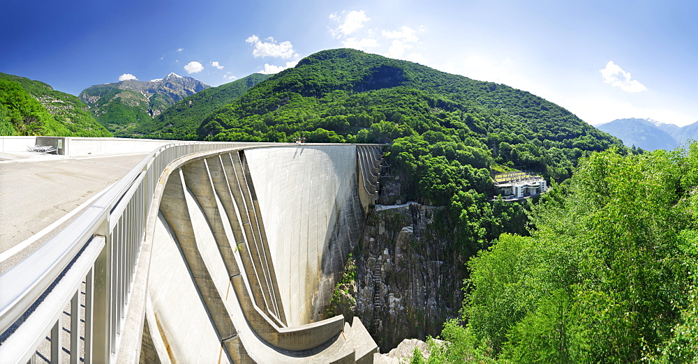 Panorama of the dam at lake Vogorno with Piz di Vogorno and power station, water power plant, Gordola, valley of Verzasca, Ticino, Switzerland