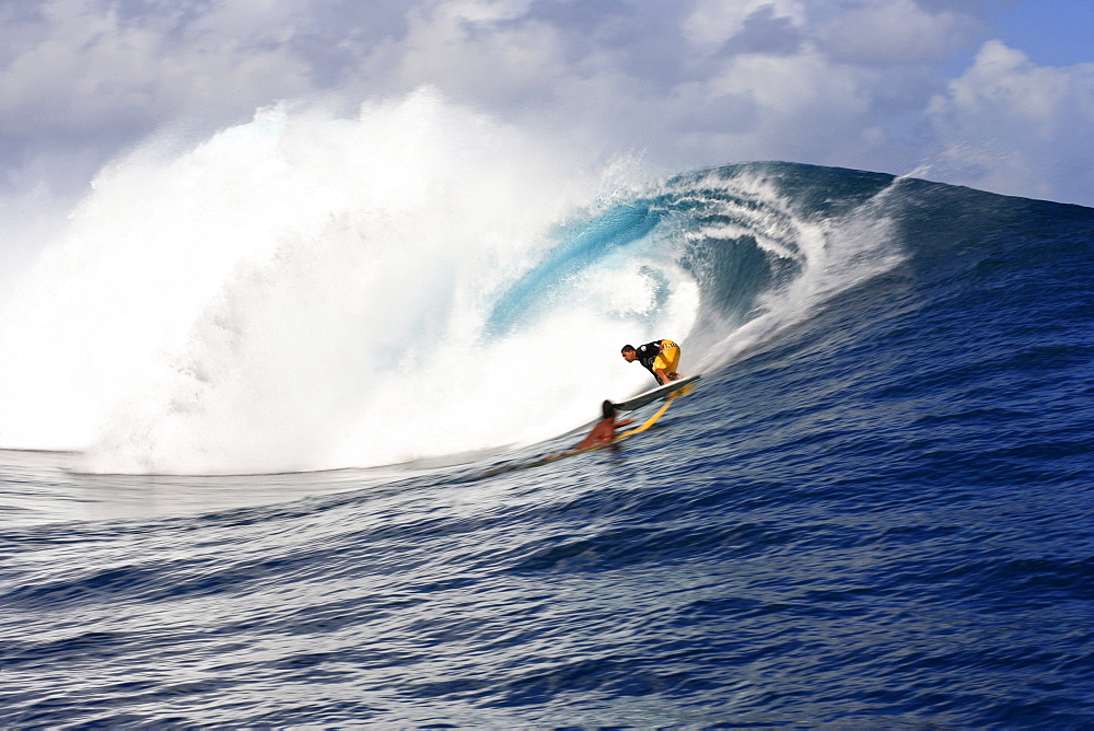 View to a barreling wave with a surfer, Teahupoo, Tahiti, French Polynesien, South Pacific