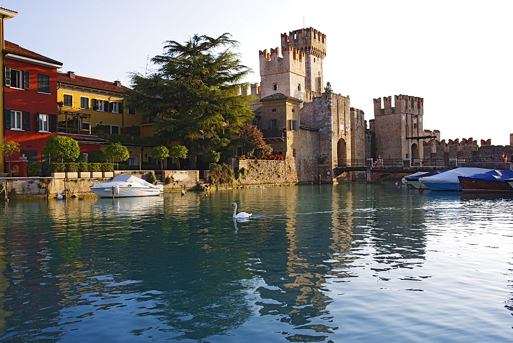 Port and Scaliger castle, Sirmione, lake Garda, Brescia province, Lombardy, Italy