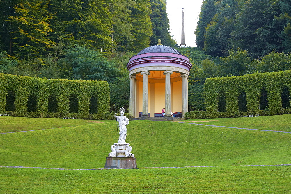 Park by Johann Moritz von Nassau-Siegen, Socalled amphitheatre, Temple of Ceres, Statue of goddess Athena, Evening, Late summer, Kleve, Lower Rhine, North Rhine-Westphalia, Germany, Europe