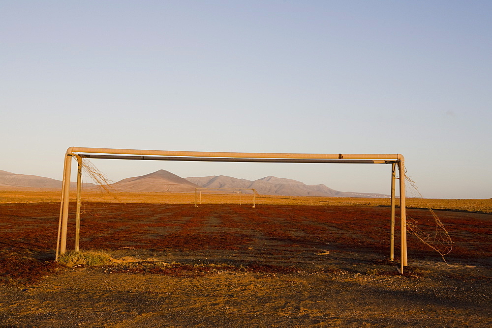 Goal on a pitch under clear sky, Las Parcelas, Fuerteventura, Canary Islands, Spain, Europe