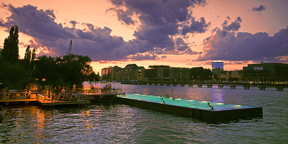 Bathing ship in River Spree at sunset, Badeschiff, Berlin, Germany