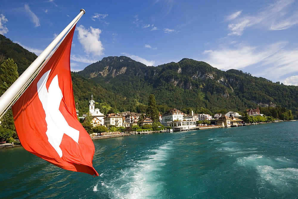 Paddle steamer leaving Vitznau at Lake Lucerne, Canton of Lucerne, Switzerland