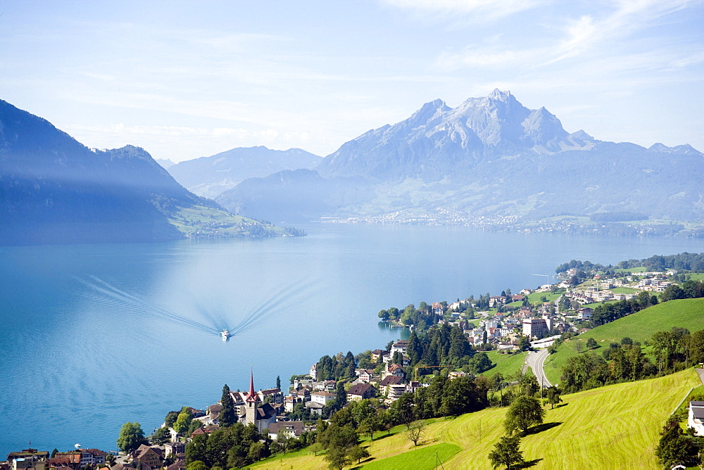 View over Weggis at Lake Lucerne to mountain Pilatus (2132 m) in the background, Weggis, Canton of Lucerne, Switzerland