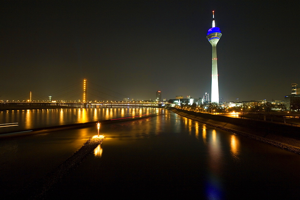 Media Harbour at night with television tower in the background, Düsseldorf, state capital of NRW, North-Rhine-Westphalia, Germany