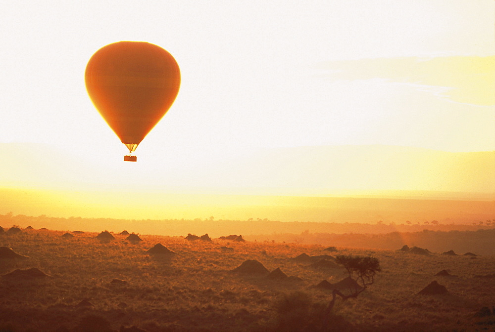 Hot air balloon above Masai Mara National Reserve at sunset, Kenia, Africa