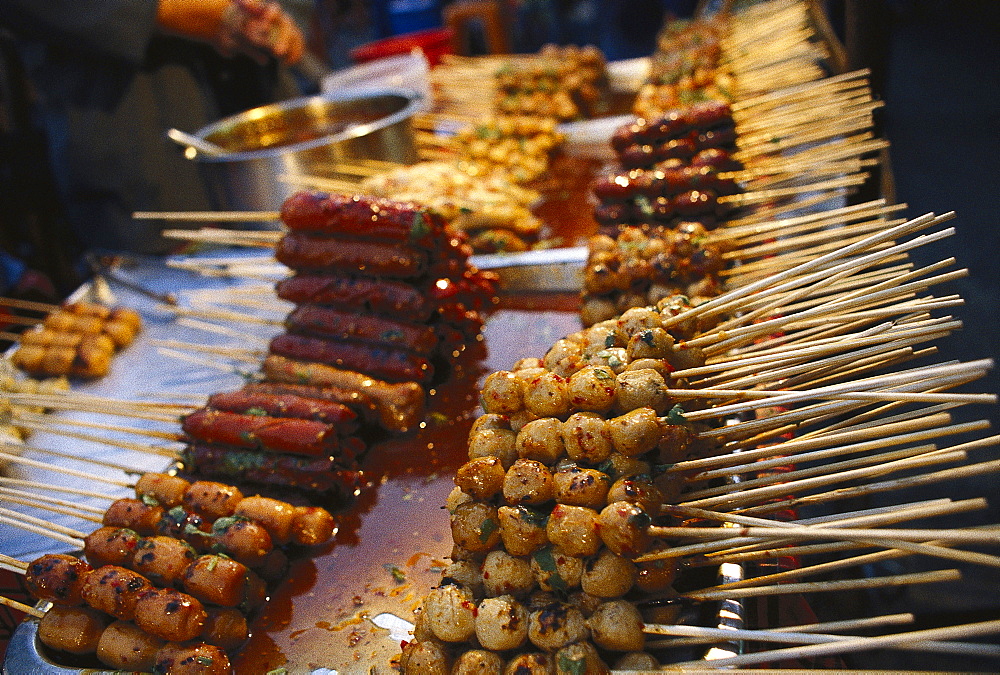 Meat skewers at cookshop at Na Phra Lan old town, Bangkok, Thailand, Asia