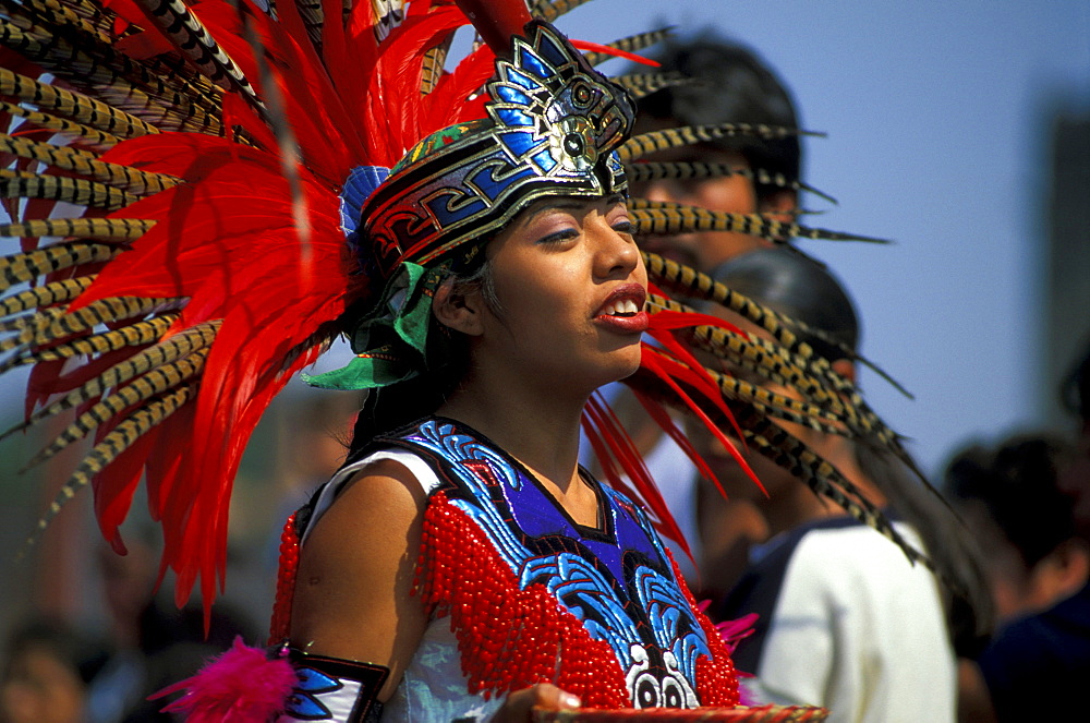 Actec dancer wearing feather decor, Mexico City, Mexico, America