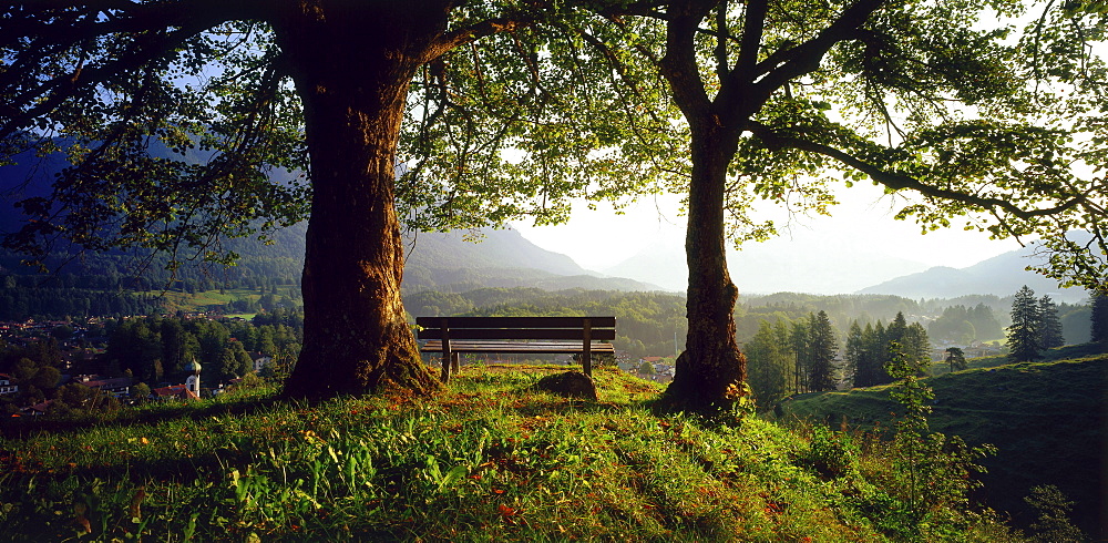 Bench and scenic mountain vista, Grainau, Upper Bavaria, Germany, rear view