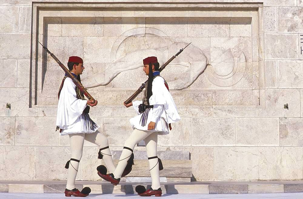 Evzonen guards in front of the tomb of the unknown soldier, Athens, Greece, Europe