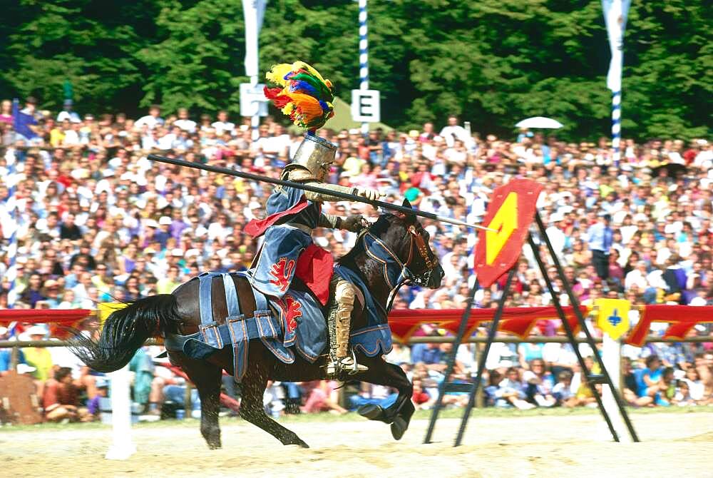 Knight throwing lance in target, Kaltenberger Ritterspiele, Upper Bavaria, Germany