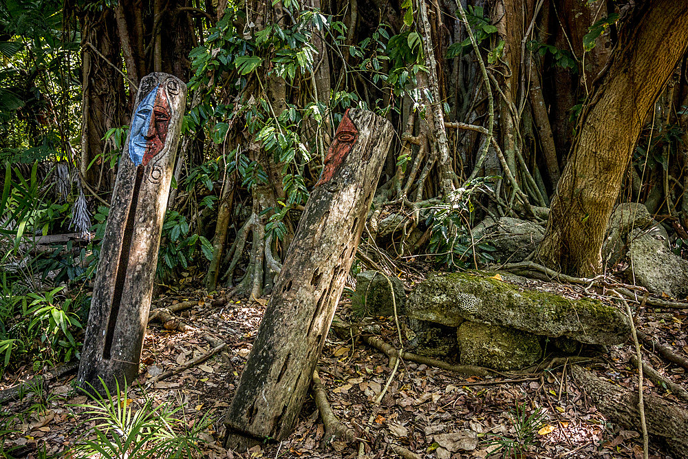 Wooden figures on a ritual place, Wala Island, Malekula, Vanuatu, South Pacific, Oceania