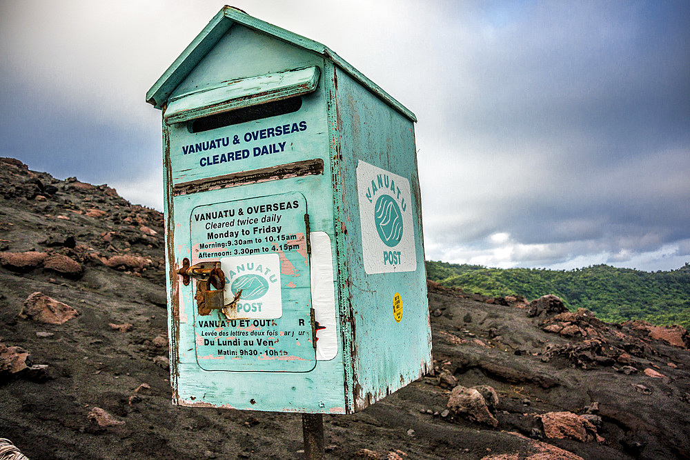 Mailbox on the Yasur volcano on Tanna, Vanuatu, South Pacific, Oceania