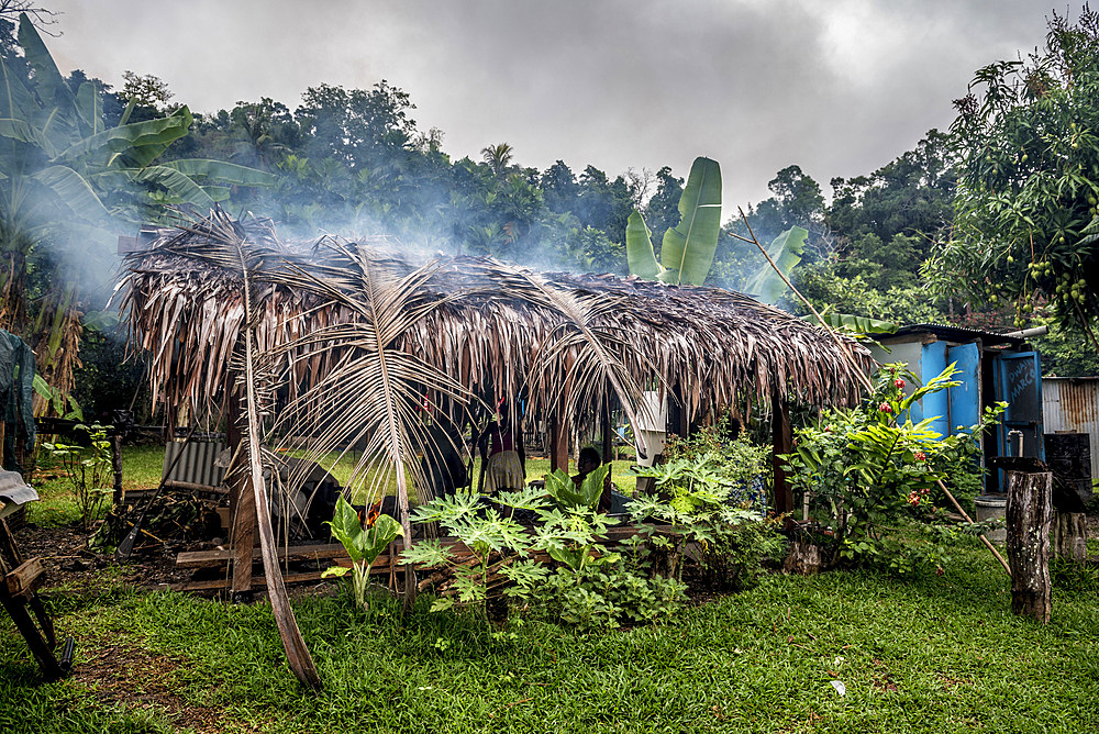 Cooking hut with smoke, Efate, Vanuatu, South Pacific, Oceania