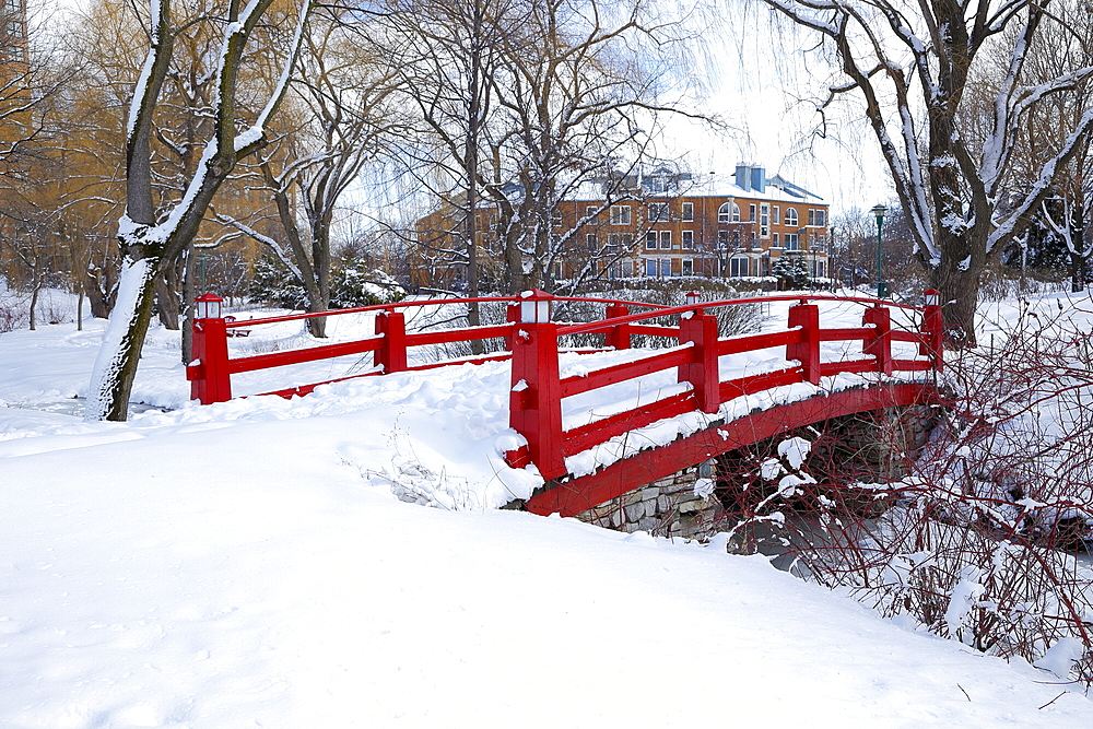 Red bridge in Montreal park