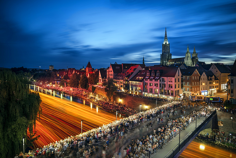 extreme long exposure during the light serenade in Ulm, Danube, Swabian Alb, Baden-Württemberg, Germany