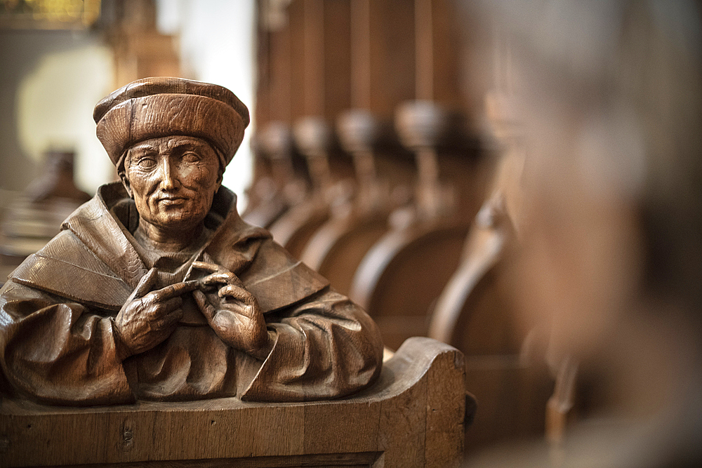 detailed carving of the choir stalls, Blaubeuren monastery, Alb-Donau district, Baden-Württemberg, Germany