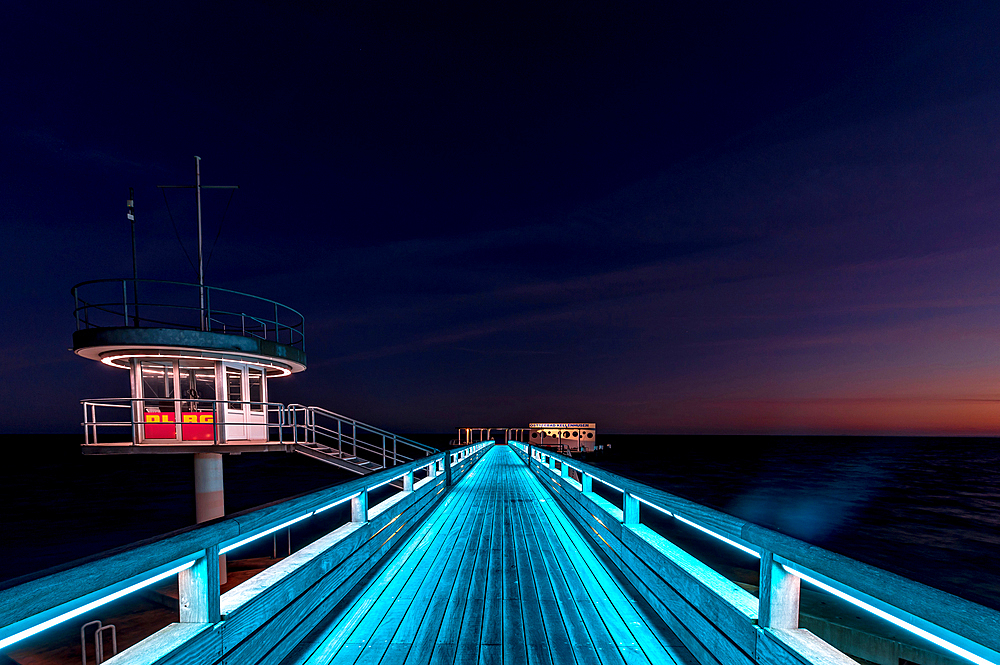 Light illumination of the pier in Kellenhusen at the blue hour, Baltic Sea, Ostholstein, Schleswig-Holstein, Germany