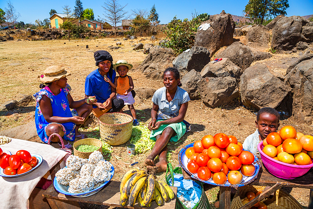 Women with vegetable stand in the central highlands near Ampefy, Madagascar, Africa