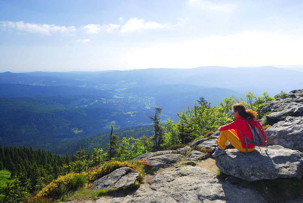 Woman enjoying view, Great Arber, Bavarian Forest National Park, Lower Bavaria, Bavaria, Germany