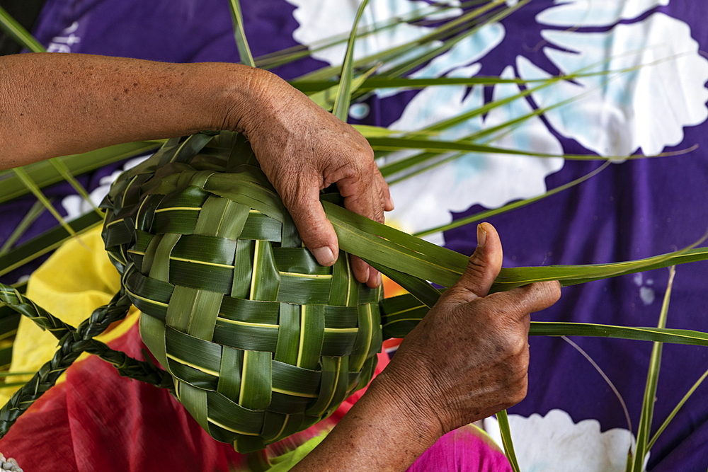 Traditional weaving with pandanus leaves during an immersion workshop in the ELK cultural village, Apootaata, Moorea, Windward Islands, French Polynesia, South Pacific