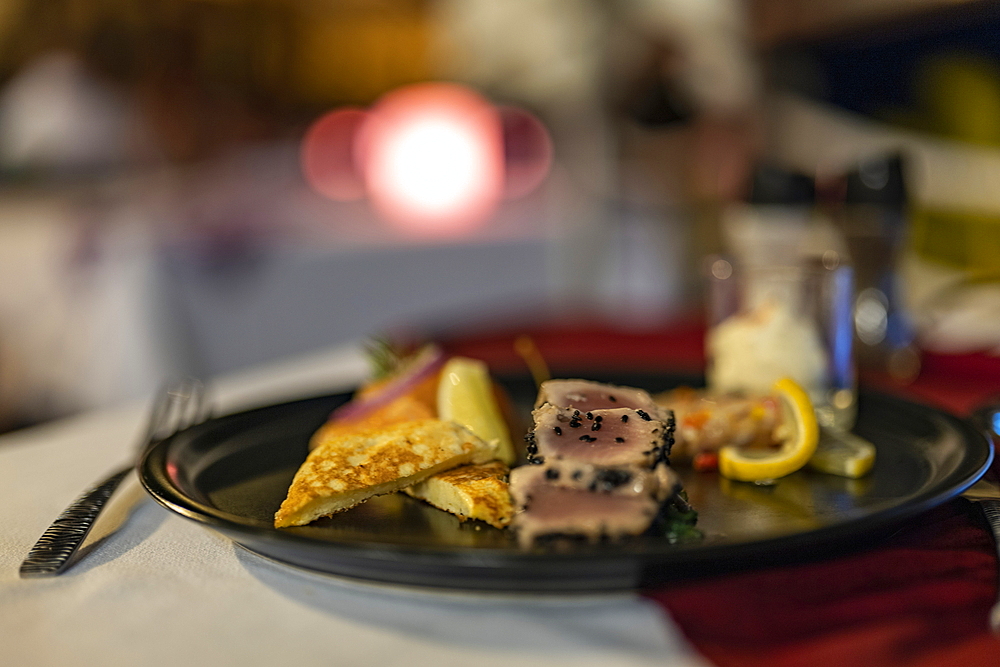 Plate of fish appetizer in the Arii Vahine restaurant of the Hilton Moorea Lagoon Resort & Spa, Moorea, Windward Islands, French Polynesia, South Pacific