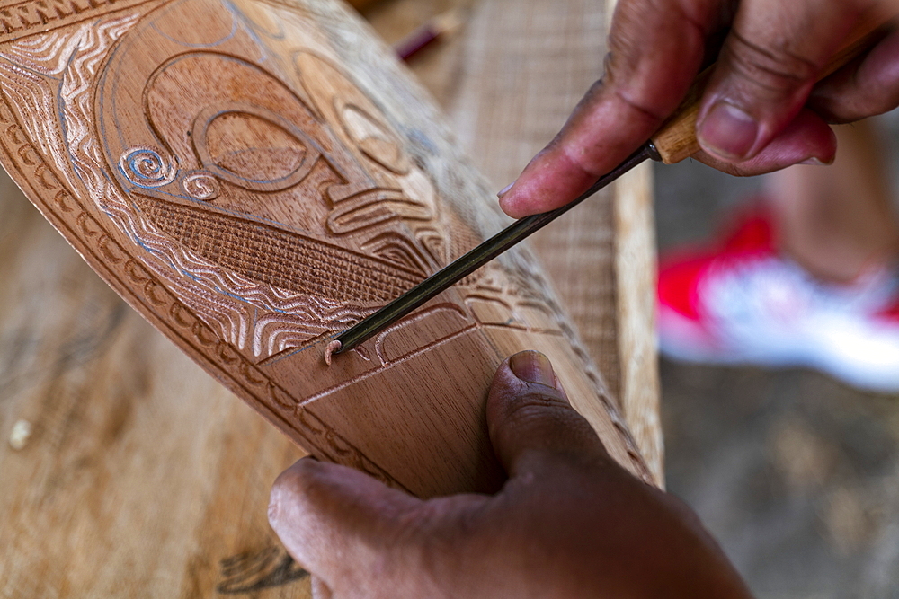 Wood carving in the Te Tumu Cultural Center, Tekoapa, Ua Huka, Marquesas Islands, French Polynesia, South Pacific