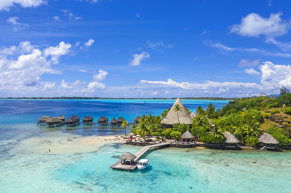 Aerial view of Sofitel Bora Bora Private Island Resort with overwater bungalows in Bora Bora Lagoon, Vaitape, Bora Bora, Leeward Islands, French Polynesia, South Pacific